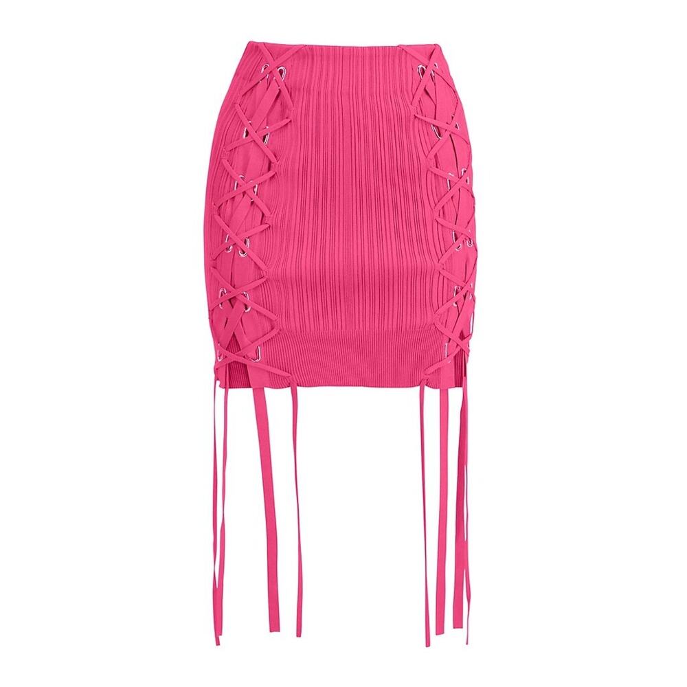 Herve Leger Ribbed Fuchsia Lace-Up Mini Skirt Size XS